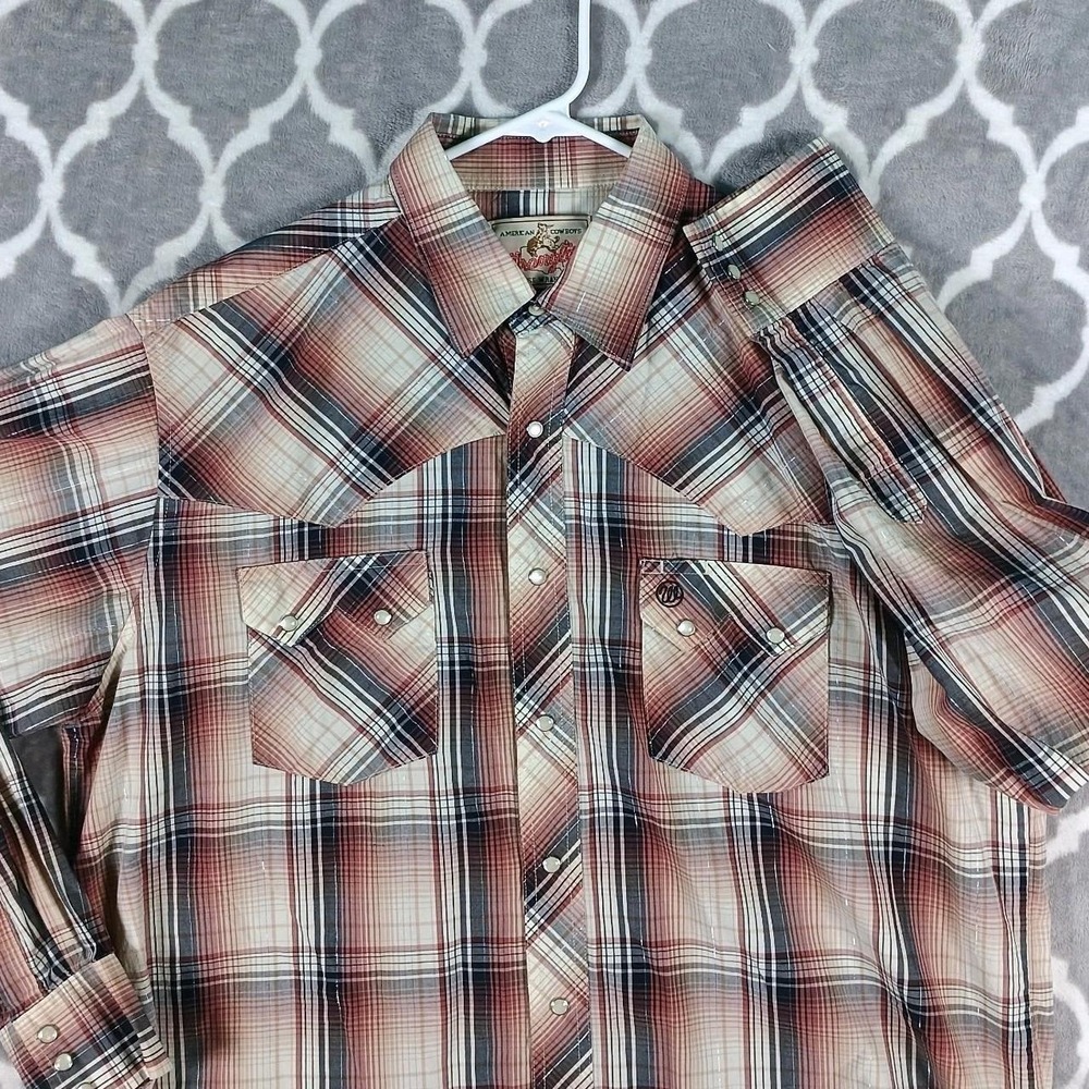 Wrangler Western Shirt Men XL Brown Tan Plaid Pearl Snap Lurex Sawtooth Cowboy *